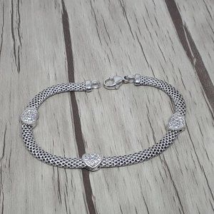 925 Sterling Silver Mesh Bracelet with hearts CZ